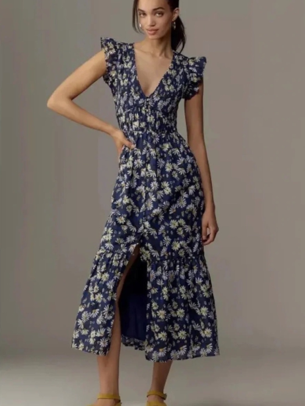 Anthropologie Peregrine Navy Daisy Dress XXS Midi Maxi Floral smocked Like New